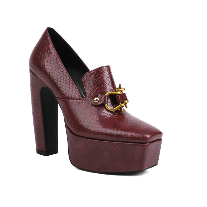 Shoeswoon Snake Embossed Gold Horsebit Square Toe Platform Chunky Heel Pumps