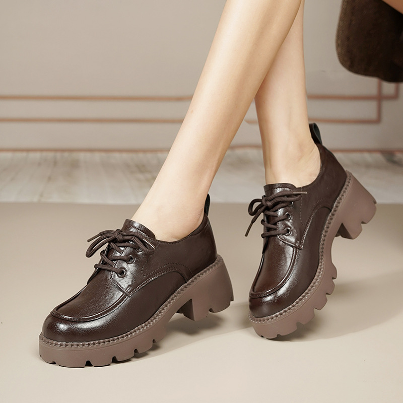 Shoeswoon Round Toe Stitched Trim Lace‑Up Thick Serrated Sole High Block Heel Retro Oxfords