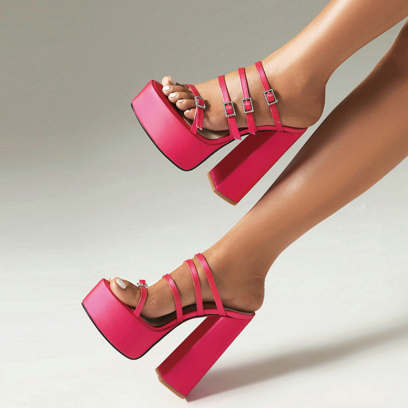 Shoeswoon Multi Buckle Straps Open Toe Platform Chunky Heel Mule Sandals