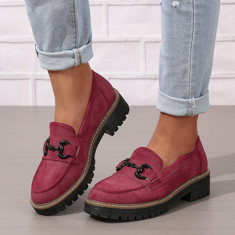 Shoeswoon Dusty Green Faux Suede Chain Buckle Chunky Platform Loafers