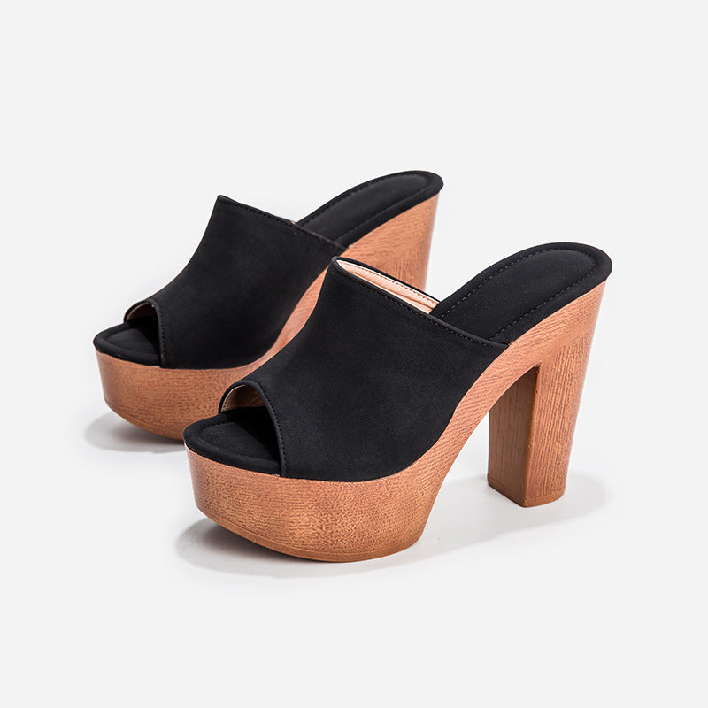 Shoeswoon Retro Peep Toe Slip On Chunky Heels