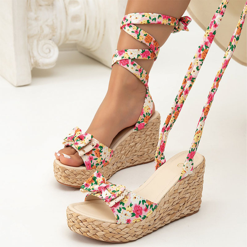 Shoeswoon Pink Floral Print Bow Ankle Wrap Woven Straw Platform Wedge Sandals
