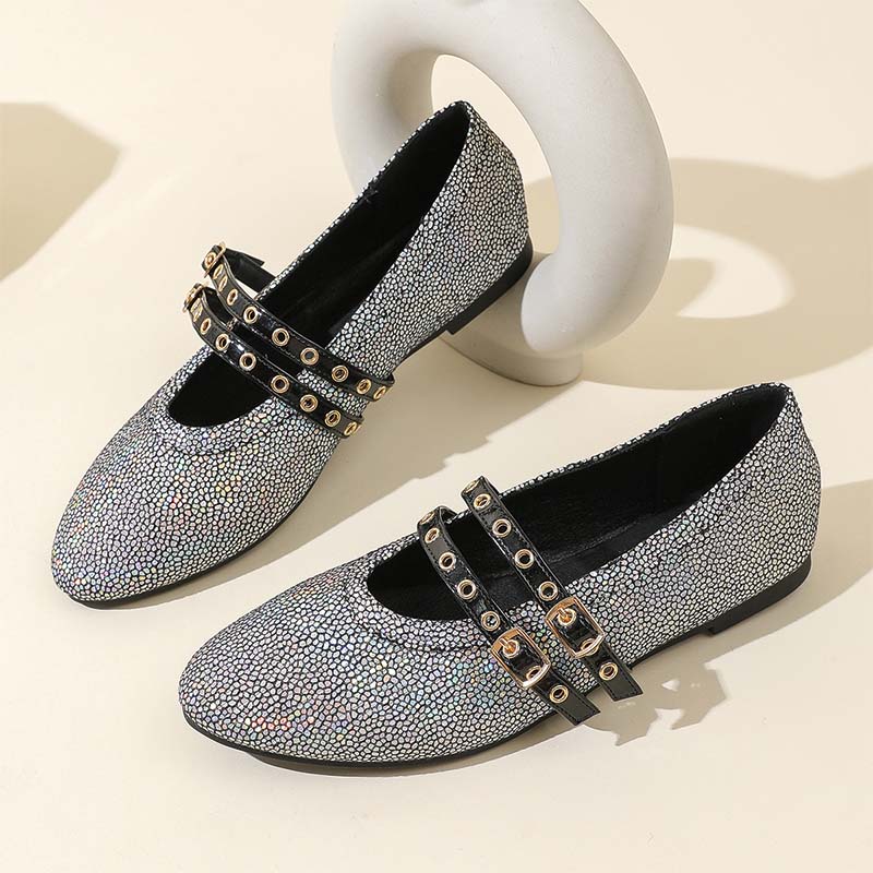 Shoeswoon Chic Textured Double Strap Round Toe Fashion Mary Jane