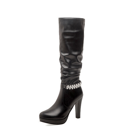 Shoeswoon Slouch Knee‑High Boots Pearl Chain Decor Platform Block Heel Side Zip