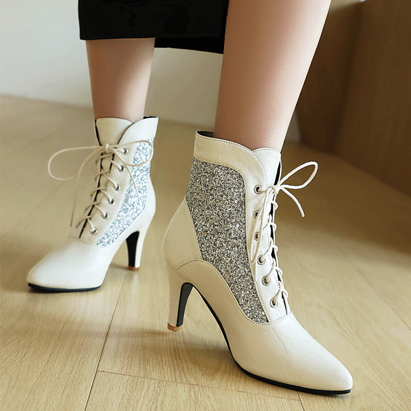 Shoeswoon Glitter Spliced Lace‑Up Pointed Toe Stiletto Ankle Boots