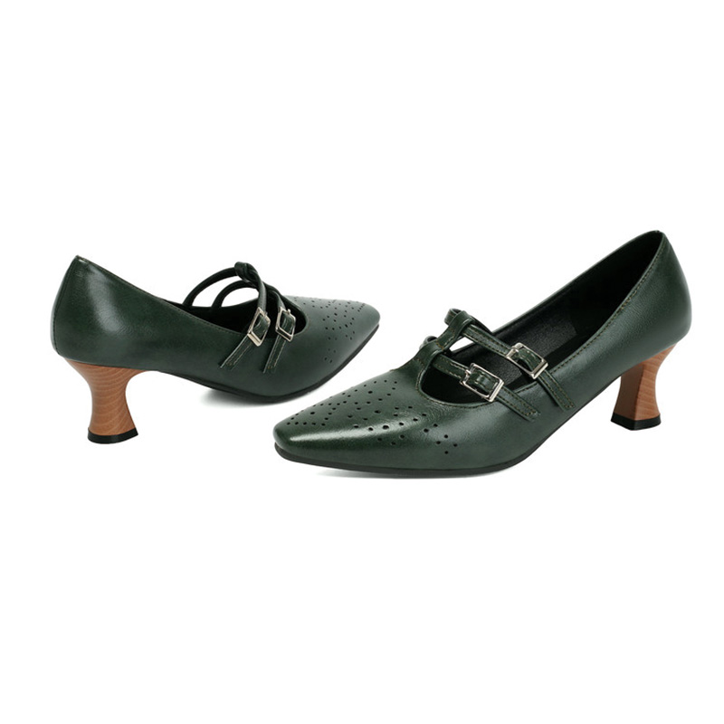 Shoeswoon Vintage Double‑Buckle Cut‑Out Square Toe Kitten‑Heel Mary Janes