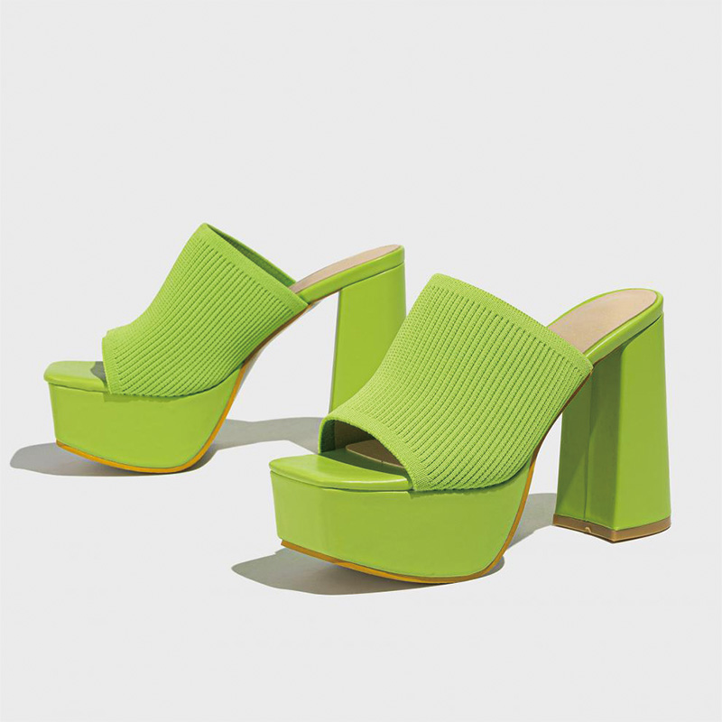 Shoeswoon Square Toe Knit Strap Platform Chunky Heel Mules