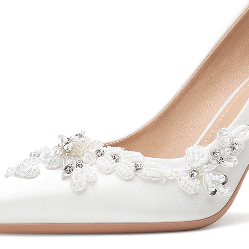 Shoeswoon Elegant Pearl Beaded Applique Satin Pointed Toe Stiletto Heels