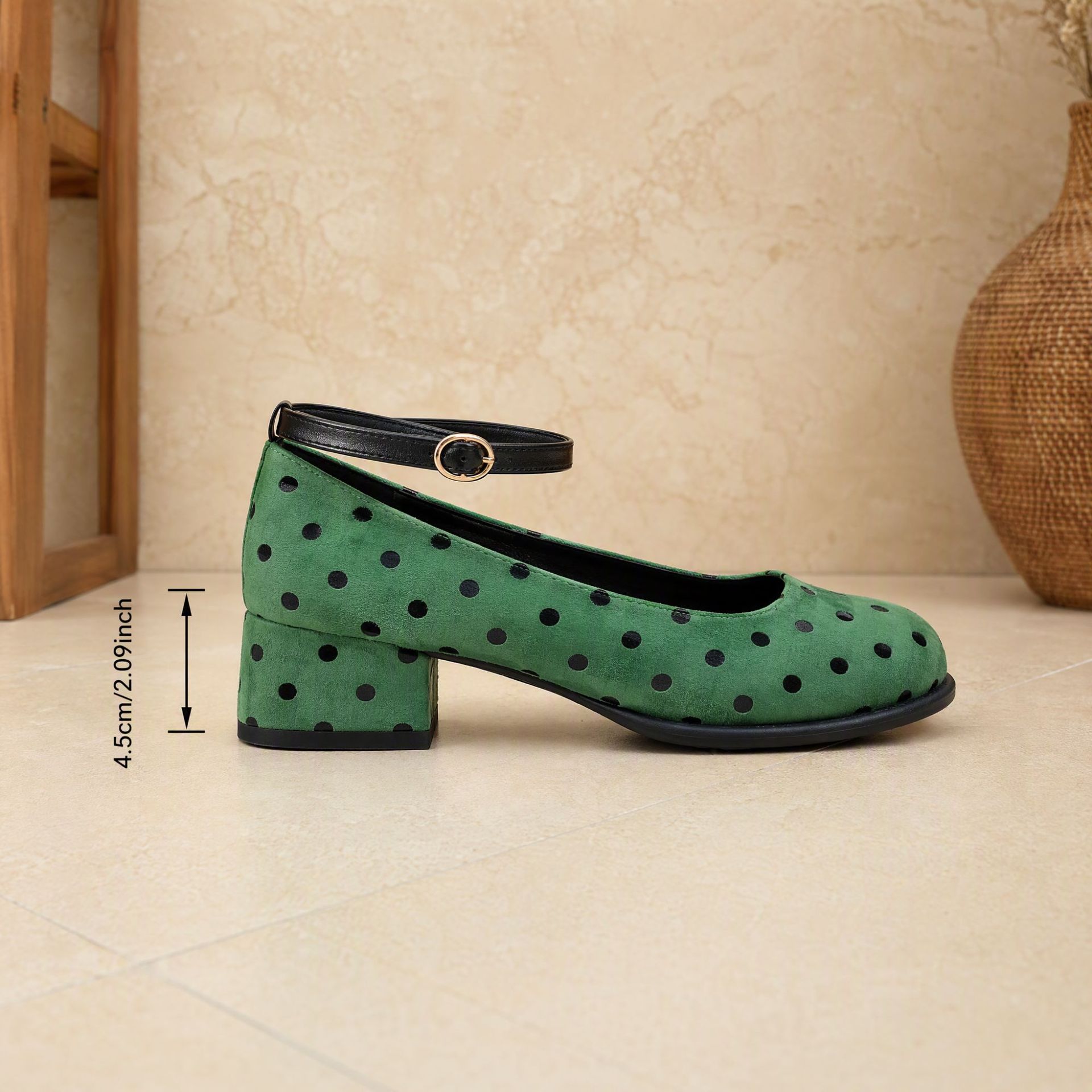 Shoeswoon Round Toe Ankle Strap Polka‑Dot Mid Heel Mary Janes
