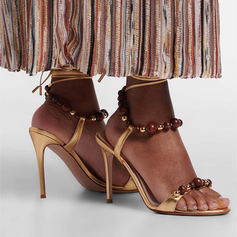 Shoeswoon Wood Bead Embellished Metallic Leather Lace‑Up Stiletto Sandals