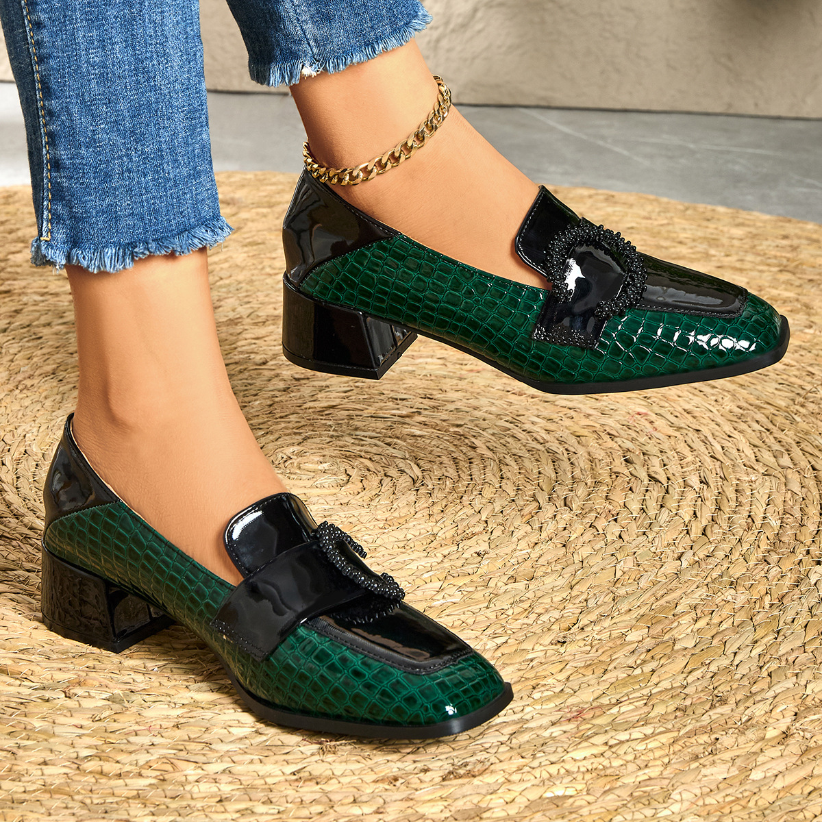Shoeswoon Green Croc Print Patent Beaded Buckle Block Heel Loafers