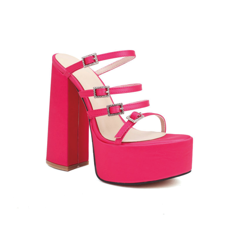 Shoeswoon Multi Buckle Straps Open Toe Platform Chunky Heel Mule Sandals