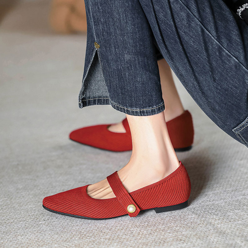 Shoeswoon Ribbed Knit Pearl Button Square Toe Mary Jane Flat Shoes
