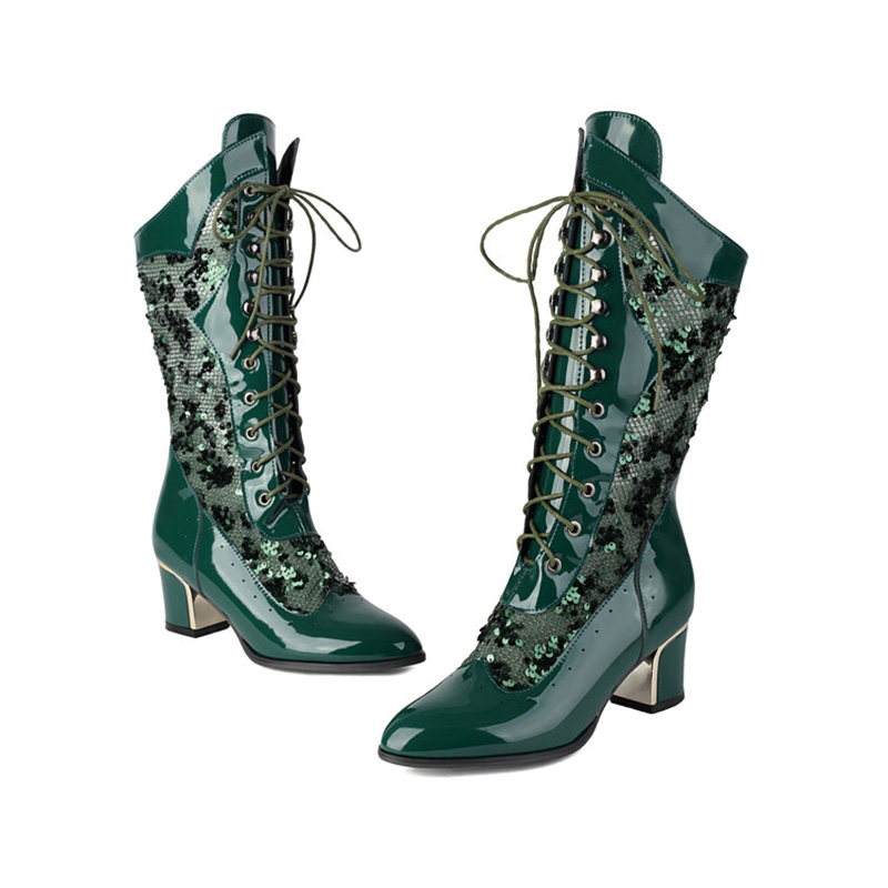 Shoeswoon Gothic Mesh Patchwork Lace‑Up Pointed‑Toe Chunky Heel Party Mid Calf Booties