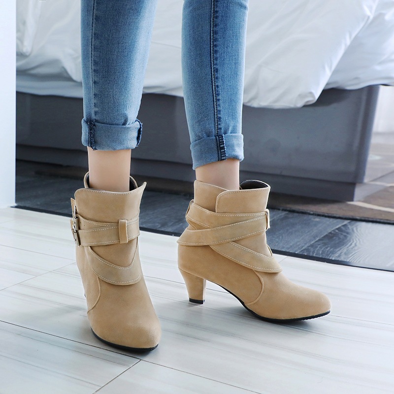 Shoeswoon Suede‑Texture Ankle Boots Multi‑Buckle Wrapped Straps Round Toe Low Block Heel
