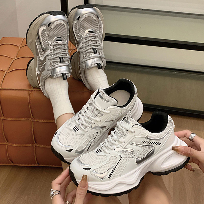 Shoeswoon Mesh Panel Metallic Accent Chunky Platform Lace Up Dad Sneakers