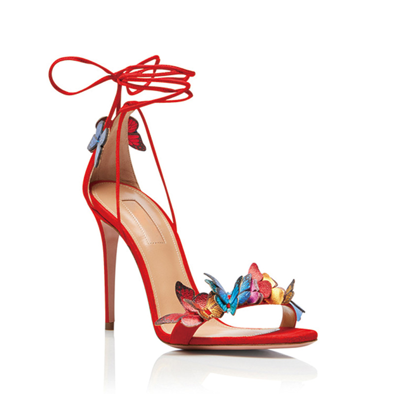 Shoeswoon Multicolor Butterfly Wrap Ankle Tie Stiletto Strappy Sandals