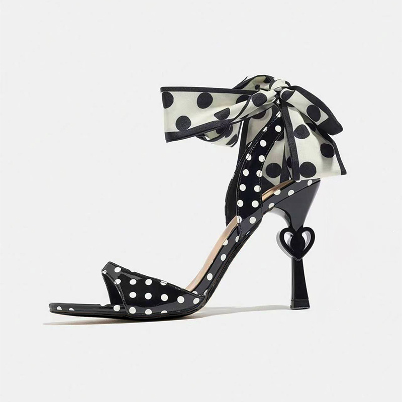 Shoeswoon Polka Dot Square Toe Stiletto Heel Floral Satin Ankle Wrap Sandals