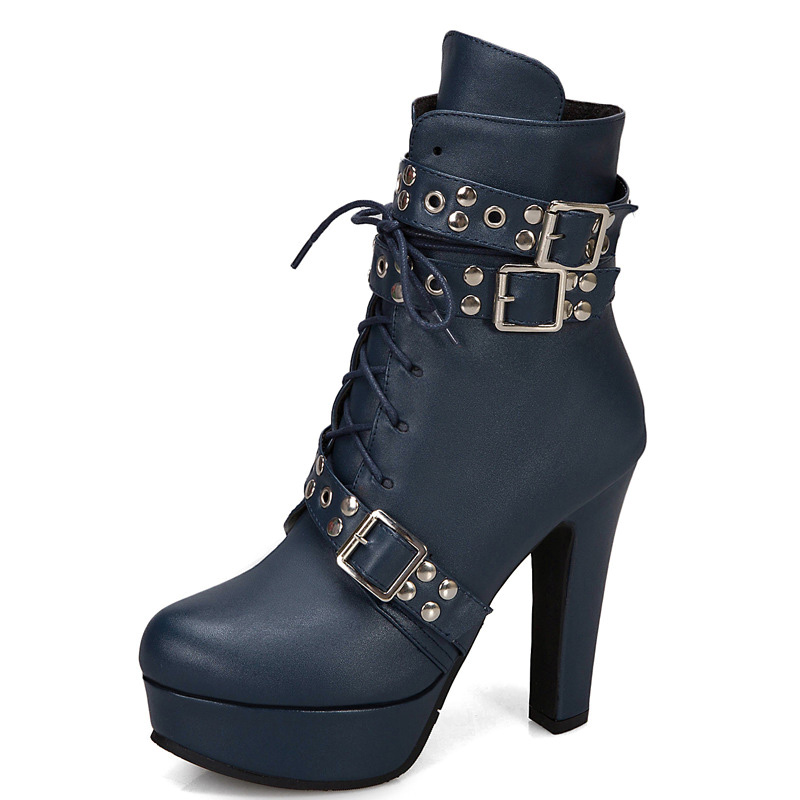 Shoeswoon Faux‑Leather Studded Multi‑Buckle Lace‑Up Platform Ankle Boots