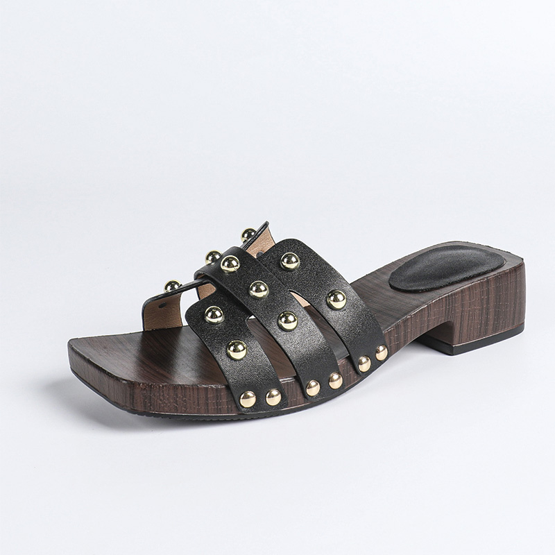 Shoeswoon Gold Studded Multi Strap Square Toe Block Heel Slide Sandals