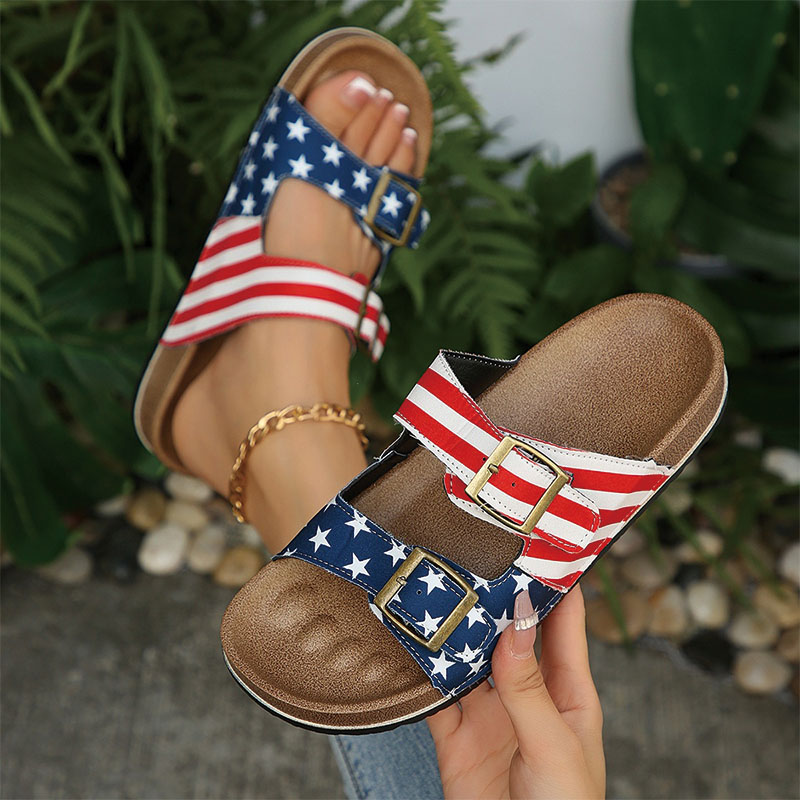Shoeswoon Flag Print Double Adjustable Buckle Cork Footbed Slide Sandals