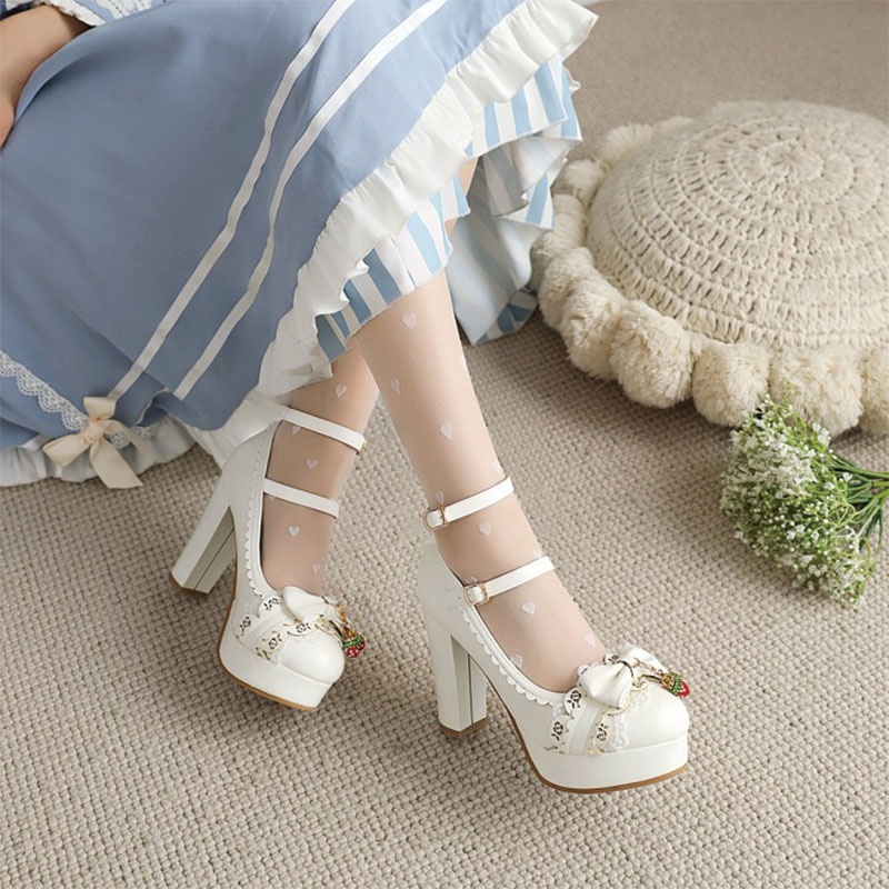 Shoeswoon Sweet Lolita Cherry Charm Double‑Buckle Chunky High‑Heel Mary Janes