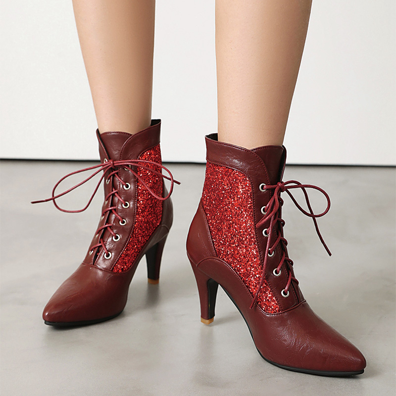 Shoeswoon Glitter Spliced Lace‑Up Pointed Toe Stiletto Ankle Boots