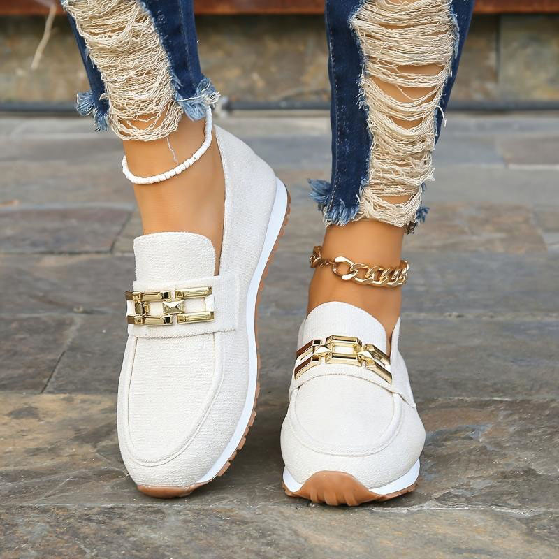 Shoeswoon Casual Round Toe Chain Ornament Contrast Sole Slip‑On Wedge Loafers
