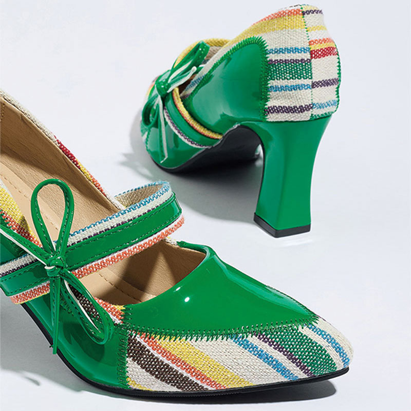 Shoeswoon Green Patent Colorful Striped Fabric Bow Mary Jane Block Heel Pumps