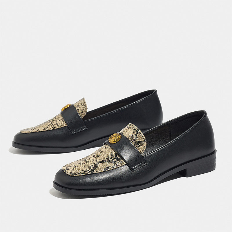 Shoeswoon Snakeskin Print Metal Floral Buckle Slip On Loafers