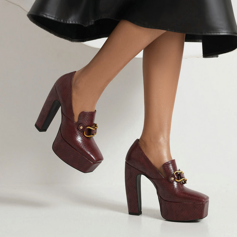 Shoeswoon Snake Embossed Gold Horsebit Square Toe Platform Chunky Heel Pumps