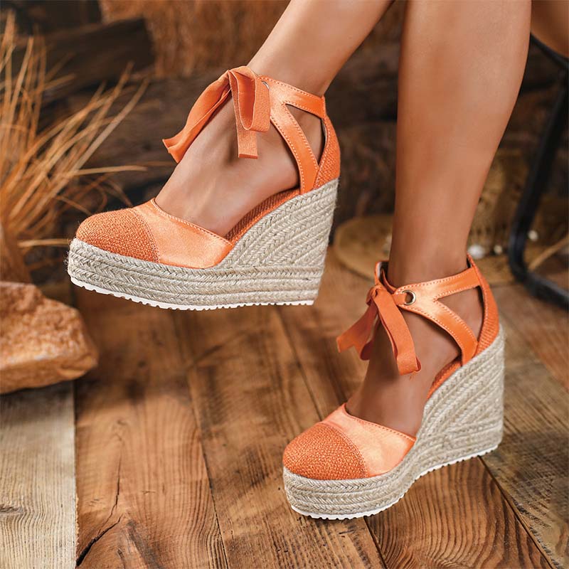Shoeswoon Mixed Textile Lace Up Closed Toe Woven Rope Platform Wedge Sandals