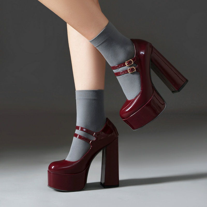 Shoeswoon Double Strap Mary Jane Round Toe Platform Chunky Heel Pumps