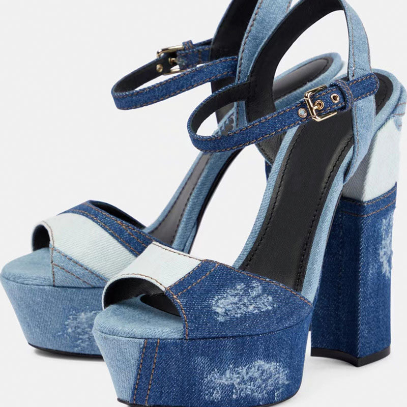 Shoeswoon Patchwork Denim Peep Toe Ankle Strap Platform Chunky Heel Sandals
