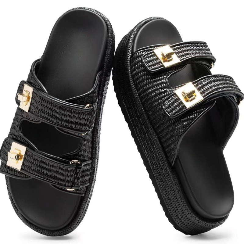 Shoeswoon Dual Adjustable Gold Buckle Woven Raffia Platform Slide Sandals