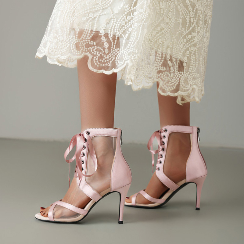 Shoeswoon Mesh Lace‑Up Open Toe Back Zip Stiletto Ankle Boot Sandals
