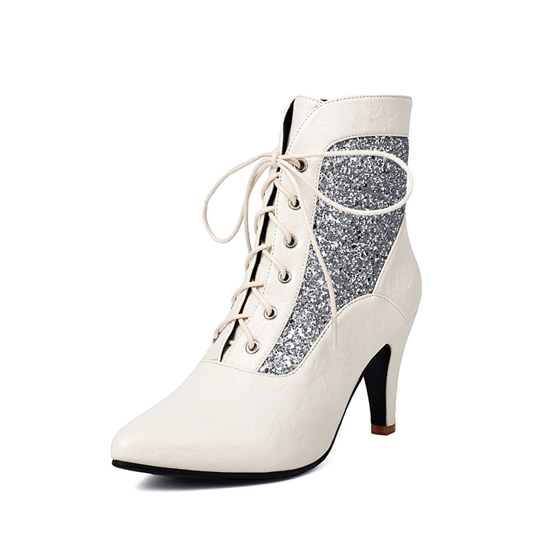 Shoeswoon Glitter Spliced Lace‑Up Pointed Toe Stiletto Ankle Boots