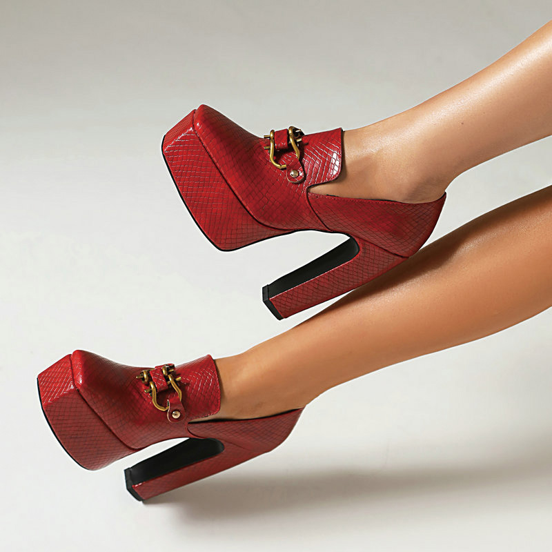 Shoeswoon Snake Embossed Gold Horsebit Square Toe Platform Chunky Heel Pumps