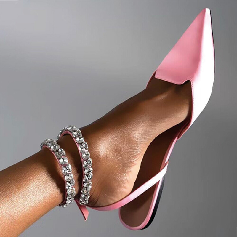 Shoeswoon Neon Satin Pointed Toe Double Crystal Ankle Strap Slingback Flat Mules