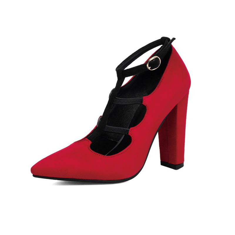 Shoeswoon Faux Suede Multi Straps Hollow Out Adjustable Ankle Buckle Chunky Heels