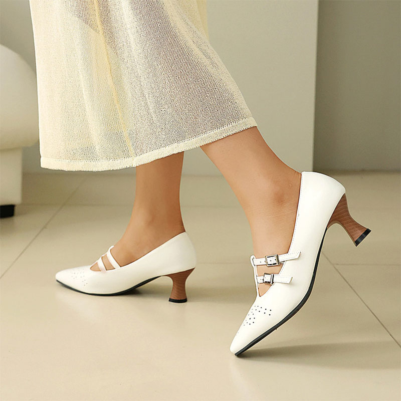 Shoeswoon Vintage Double‑Buckle Cut‑Out Square Toe Kitten‑Heel Mary Janes