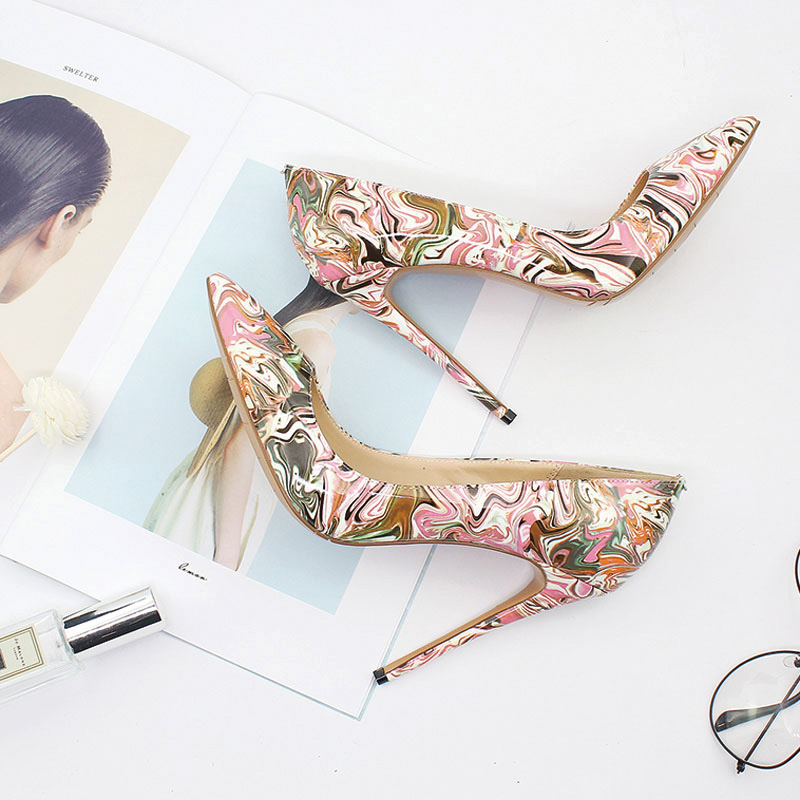 Shoeswoon Colorful Floral Print Patent Pointed Toe Slim Stiletto High Heel Pumps