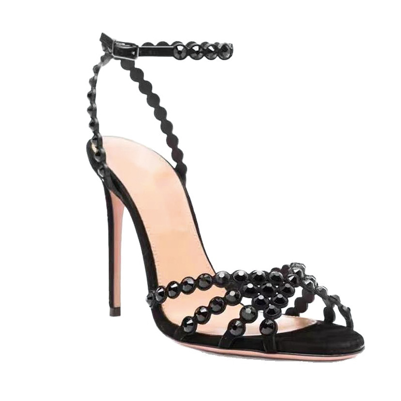 Shoeswoon Metallic Multi-Colored Crystal Ankle Strap Stiletto Heel Sandals
