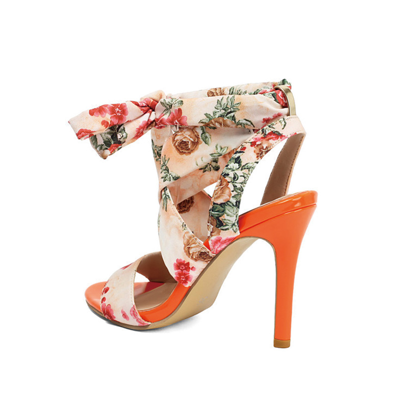 Shoeswoon Vintage Flower Print Ankle Tie Strappy Orange Stiletto Sandals