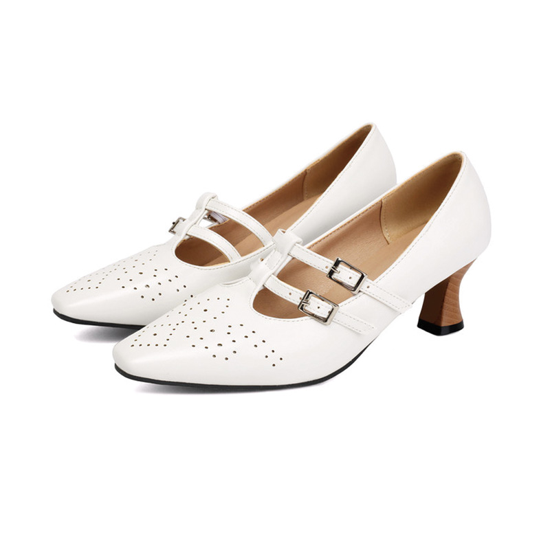 Shoeswoon Vintage Double‑Buckle Cut‑Out Square Toe Kitten‑Heel Mary Janes
