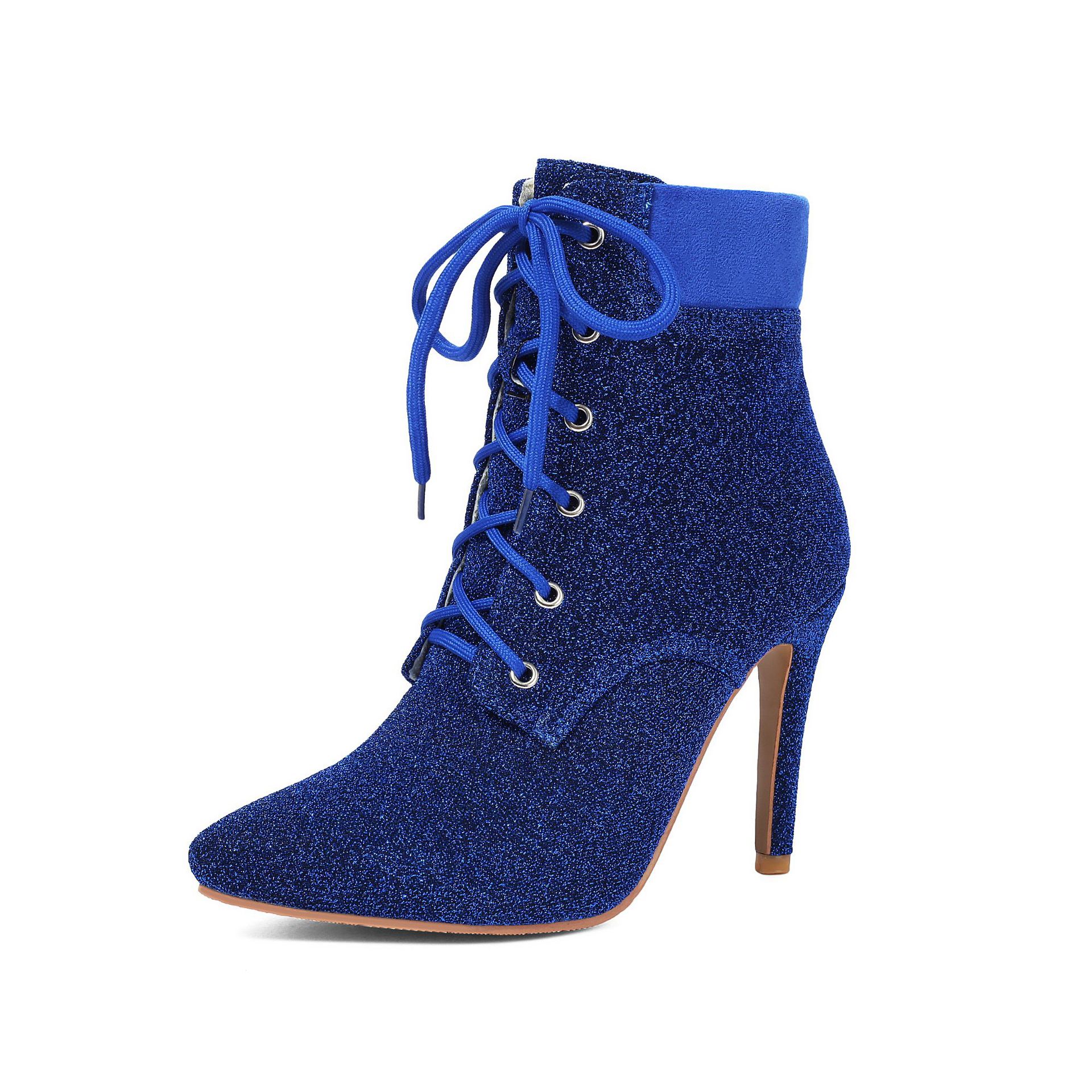 Shoeswoon Glitter Pointed‑Toe Ankle Booties Front Lace‑Up Design Slim Stiletto Heel