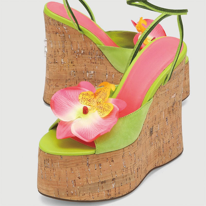 Shoeswoon Beach Vacation Floral Embellished Wrap Around Wedge Sandals