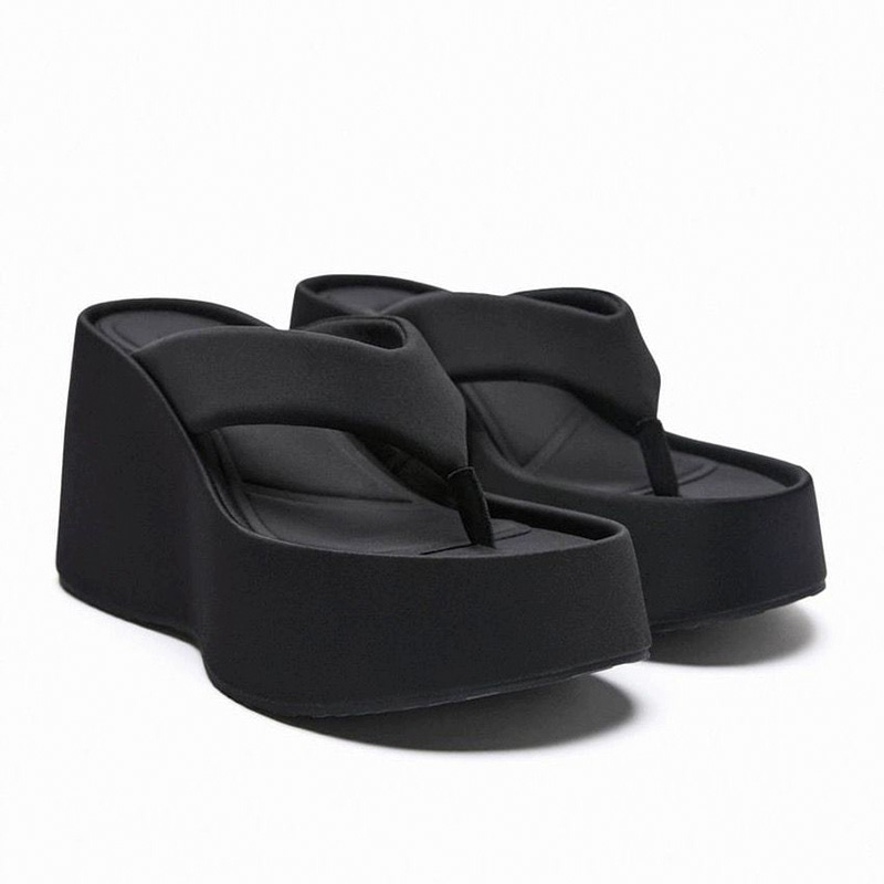 Shoeswoon Solid Black Padded Strap Platform Wedge Thong Flip Flop Sandals