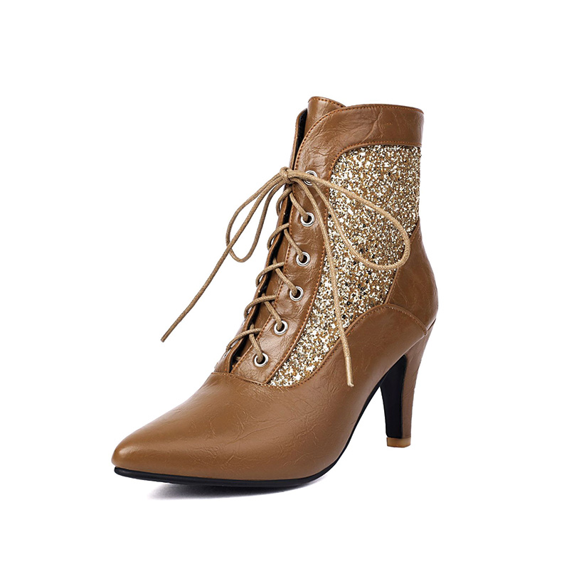 Shoeswoon Glitter Spliced Lace‑Up Pointed Toe Stiletto Ankle Boots