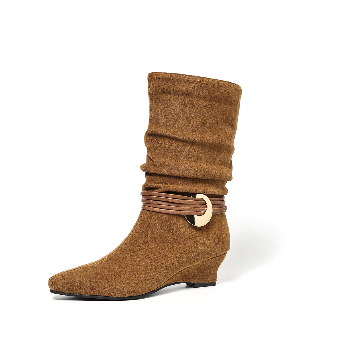 Shoeswoon Pointed‑Toe Slouch Mid‑Calf Boots Wrap Strap Metal Ring Wedge